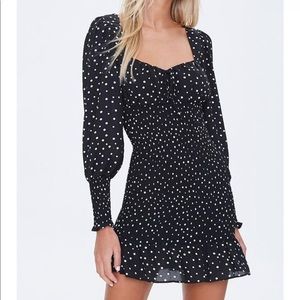 Forever 21 smocked polka dot black dress with self tie in the back